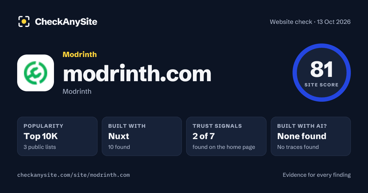 modrinth.com on CheckAnySite: AI traces none found, popularity Top 10K, site score 81 of 100.