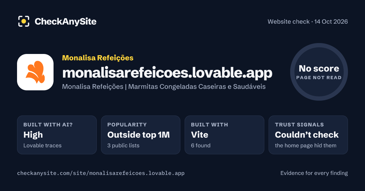 monalisarefeicoes.lovable.app on CheckAnySite: AI traces high, popularity Outside top 1M, no score.
