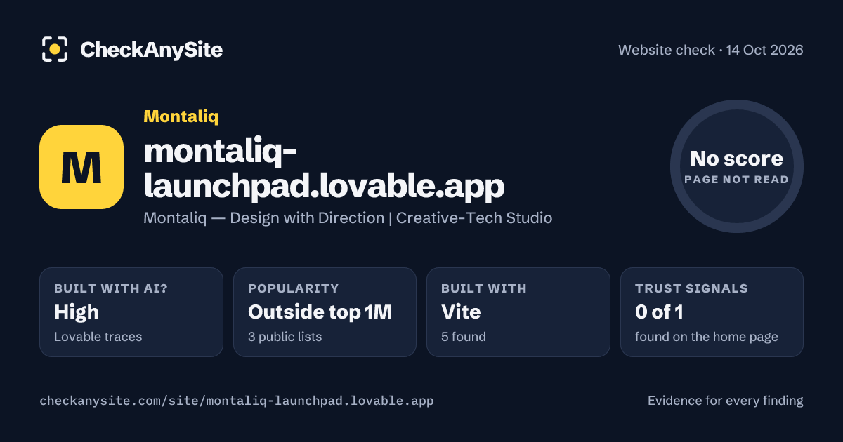 montaliq-launchpad.lovable.app on CheckAnySite: AI traces high, popularity Outside top 1M, no score.