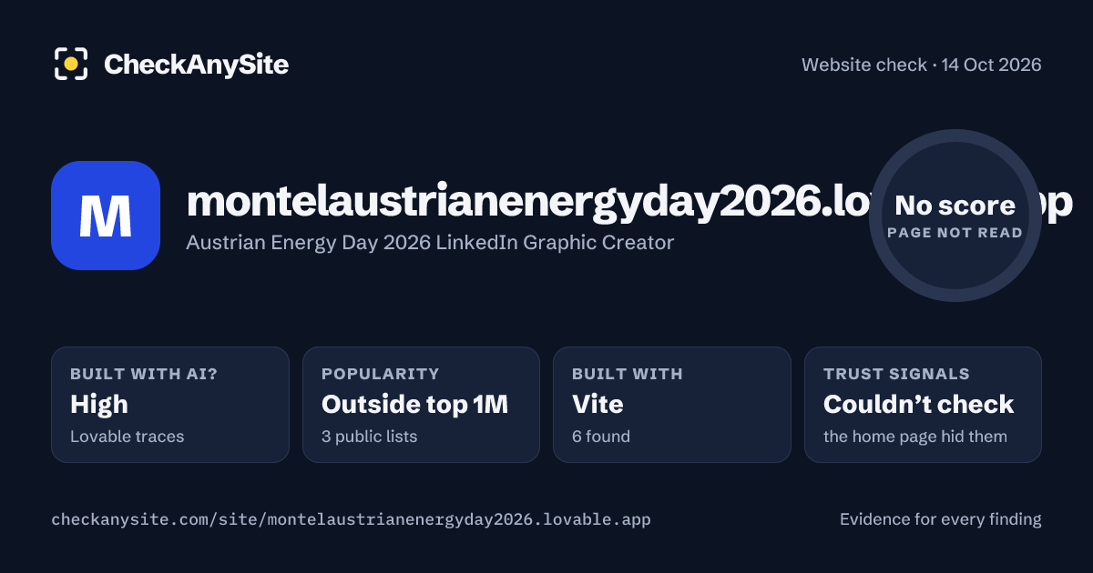 montelaustrianenergyday2026.lovable.app on CheckAnySite: AI traces high, popularity Outside top 1M, no score.