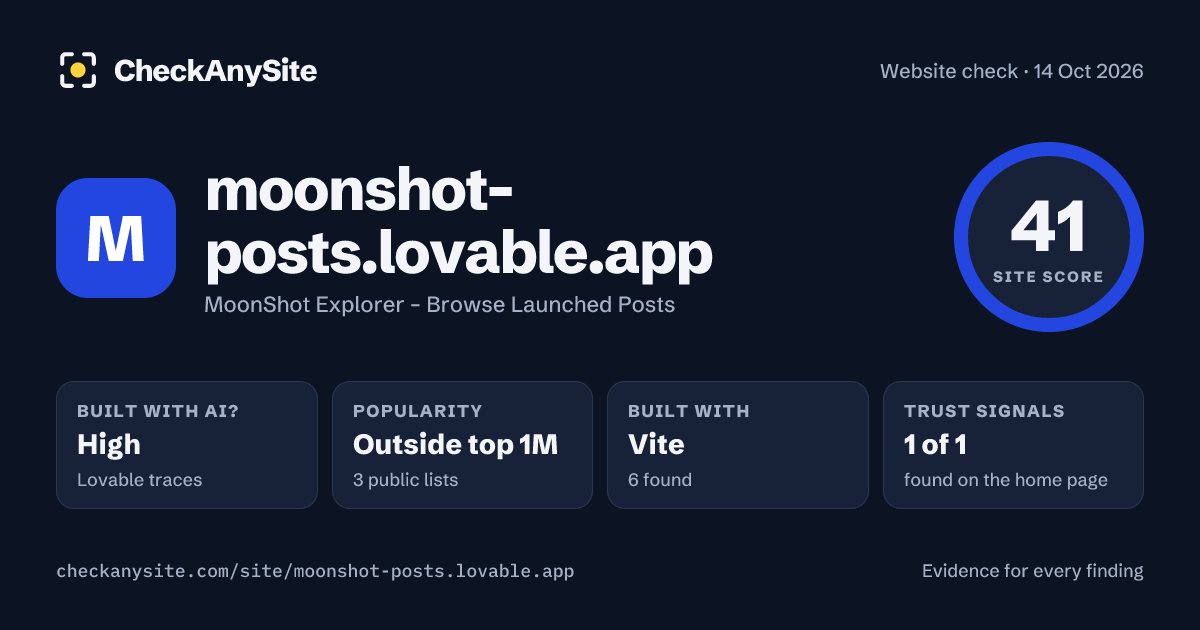 moonshot-posts.lovable.app on CheckAnySite: AI traces high, popularity Outside top 1M, site score 41 of 100.