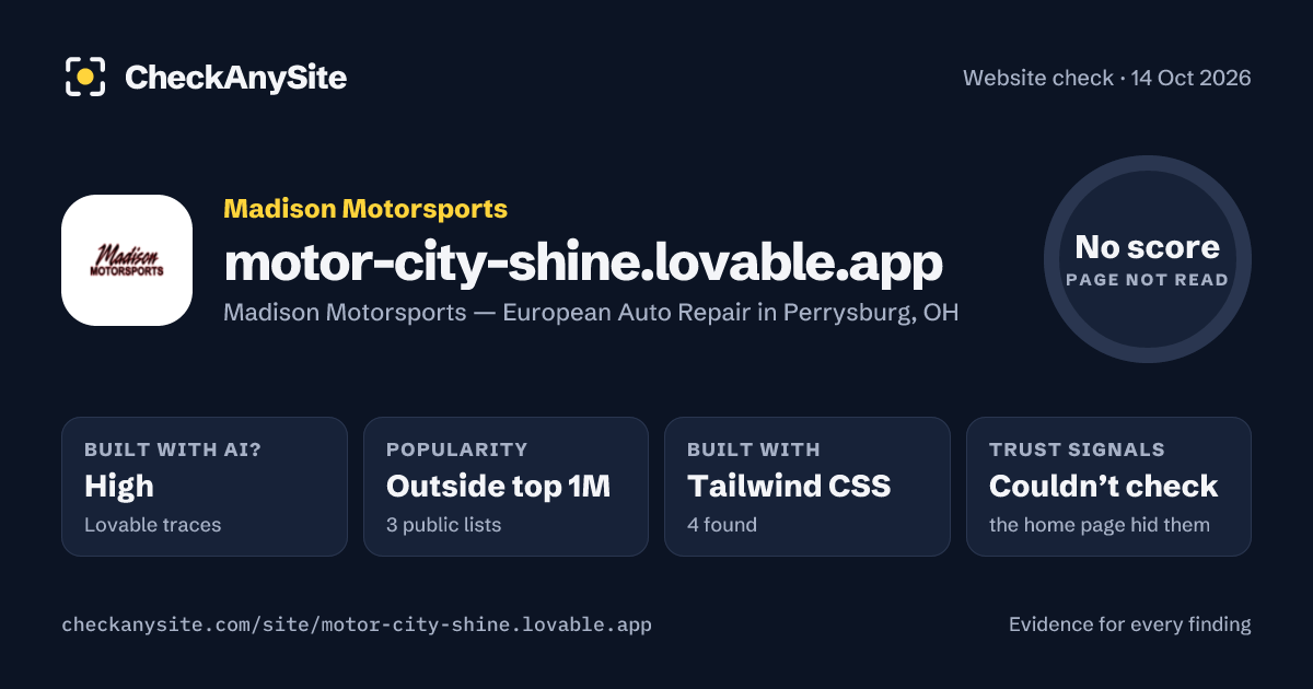 motor-city-shine.lovable.app on CheckAnySite: AI traces high, popularity Outside top 1M, no score.