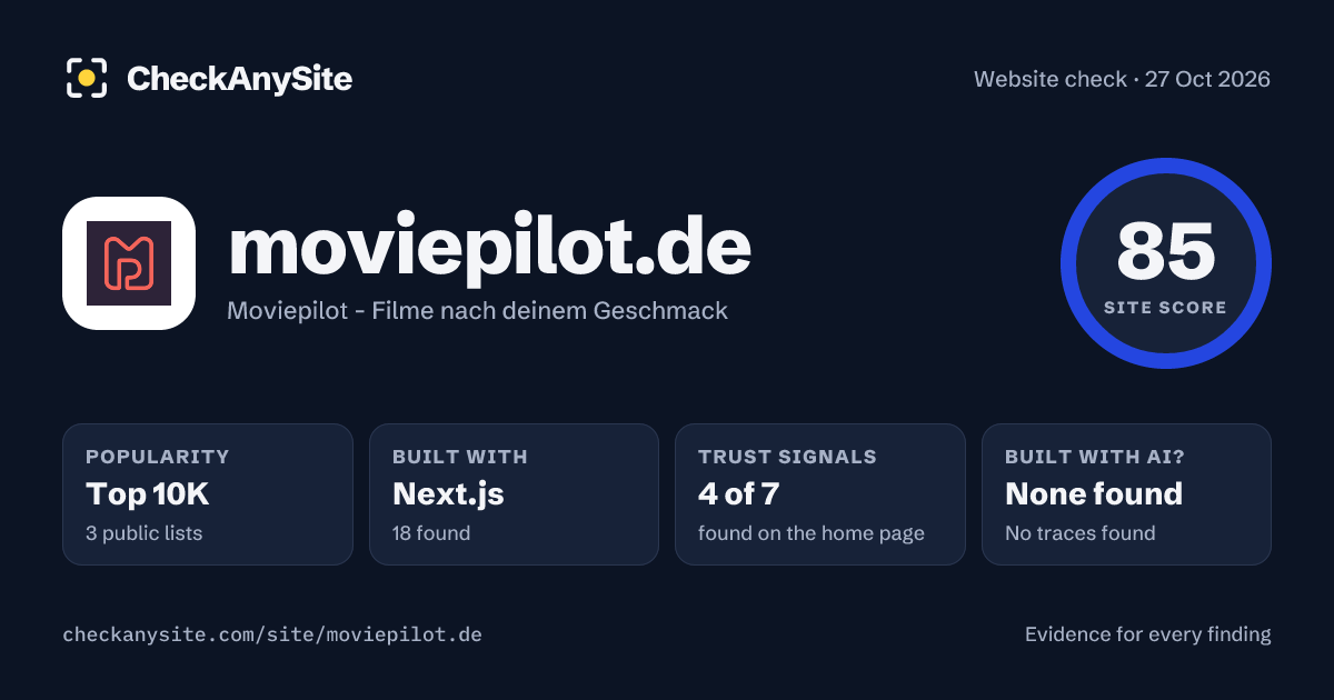 moviepilot.de on CheckAnySite: AI traces none found, popularity Top 10K, site score 85 of 100.
