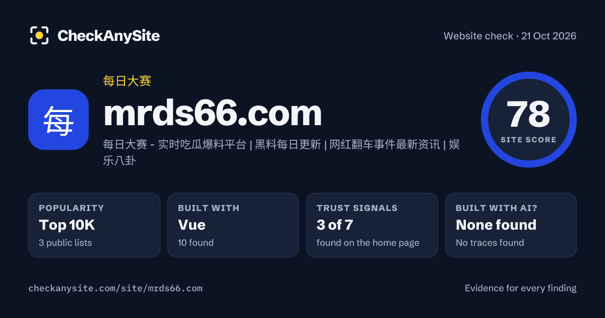 mrds66.com on CheckAnySite: AI traces none found, popularity Top 10K, site score 78 of 100.