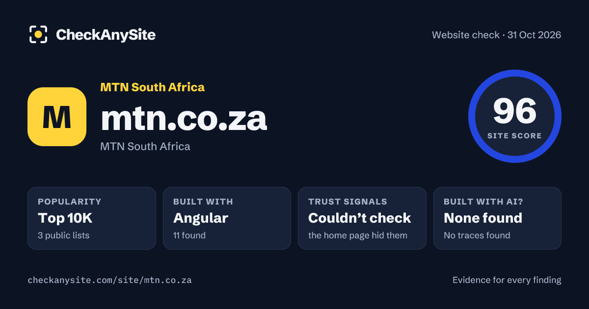 mtn.co.za on CheckAnySite: AI traces none found, popularity Top 10K, site score 96 of 100.