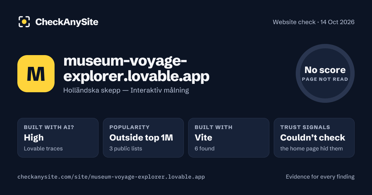 museum-voyage-explorer.lovable.app on CheckAnySite: AI traces high, popularity Outside top 1M, no score.