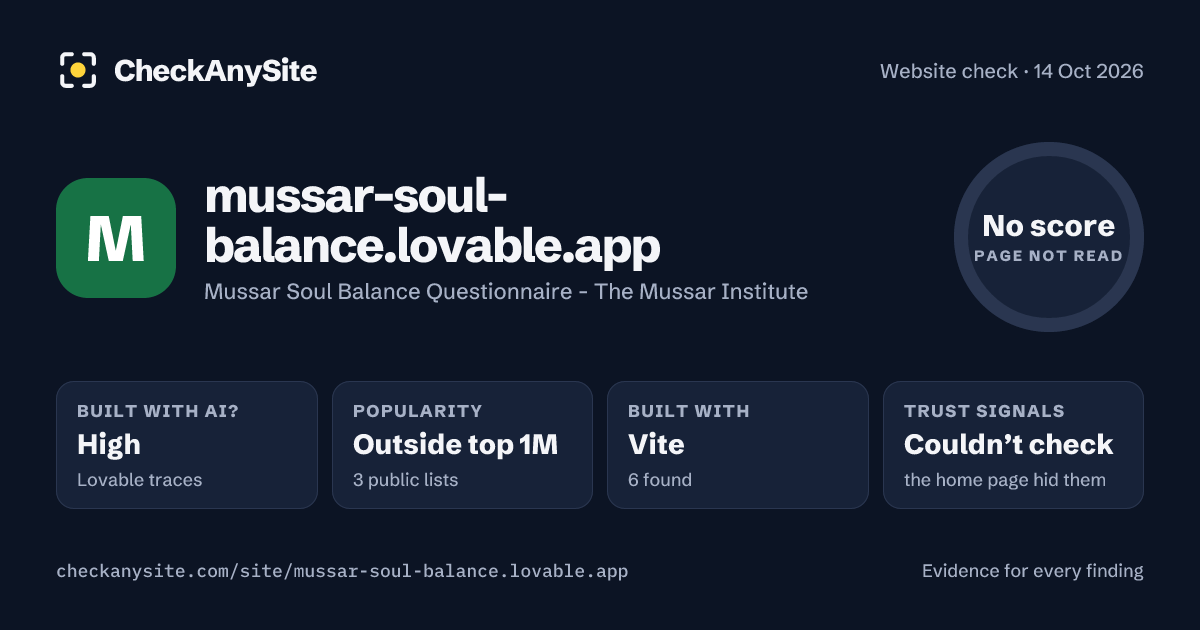mussar-soul-balance.lovable.app on CheckAnySite: AI traces high, popularity Outside top 1M, no score.