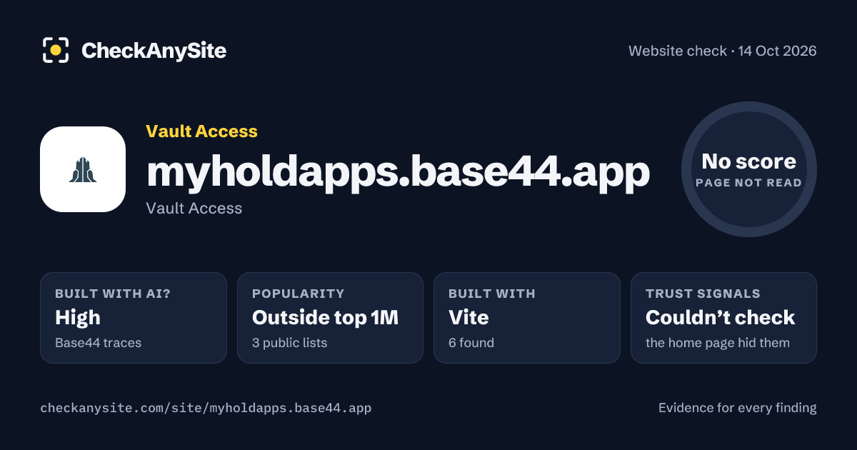 myholdapps.base44.app on CheckAnySite: AI traces high, popularity Outside top 1M, no score.