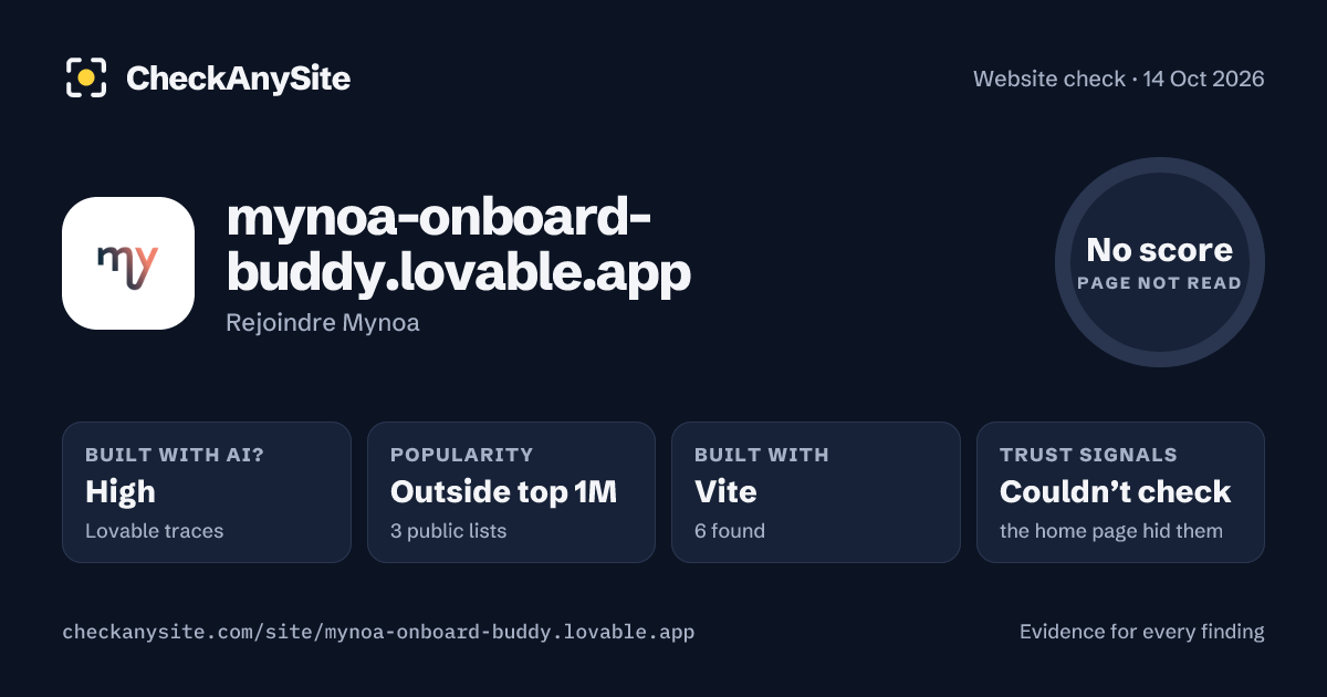 mynoa-onboard-buddy.lovable.app on CheckAnySite: AI traces high, popularity Outside top 1M, no score.