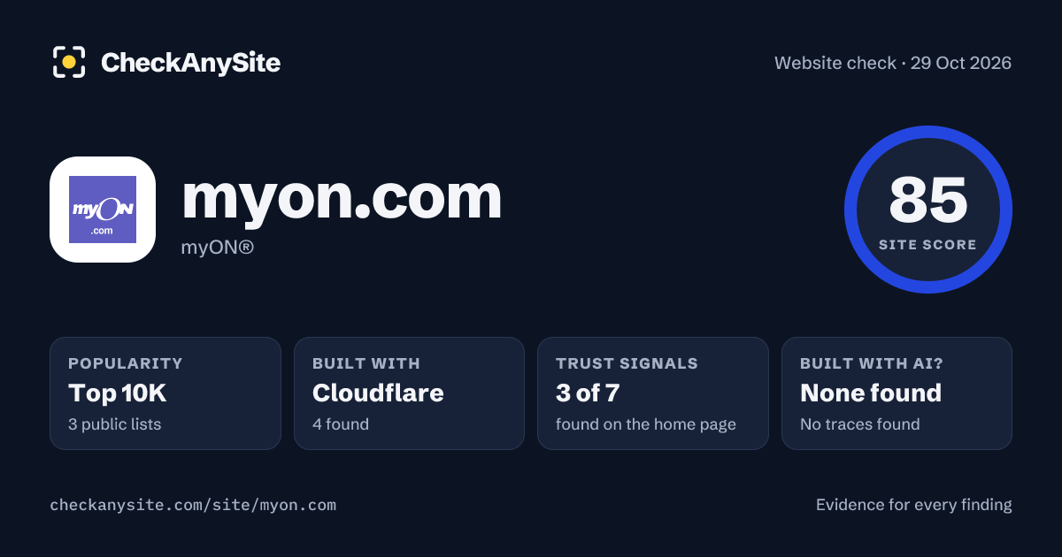 myon.com on CheckAnySite: AI traces none found, popularity Top 10K, site score 85 of 100.