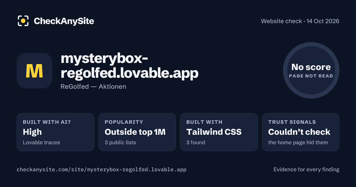 mysterybox-regolfed.lovable.app on CheckAnySite: AI traces high, popularity Outside top 1M, no score.
