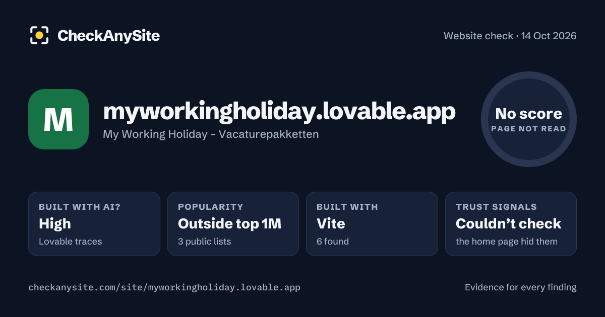 myworkingholiday.lovable.app on CheckAnySite: AI traces high, popularity Outside top 1M, no score.