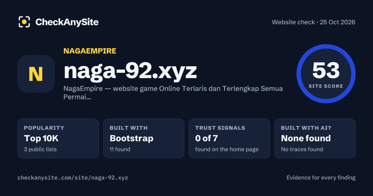 naga-92.xyz on CheckAnySite: AI traces none found, popularity Top 10K, site score 53 of 100.