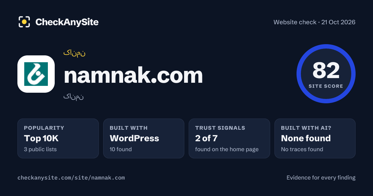 namnak.com on CheckAnySite: AI traces none found, popularity Top 10K, site score 82 of 100.