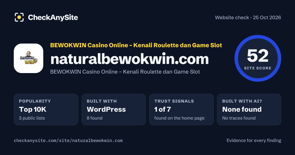 naturalbewokwin.com on CheckAnySite: AI traces none found, popularity Top 10K, site score 52 of 100.
