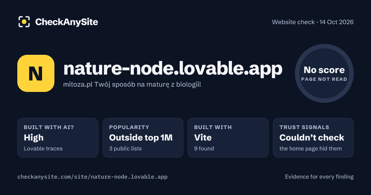 nature-node.lovable.app on CheckAnySite: AI traces high, popularity Outside top 1M, no score.