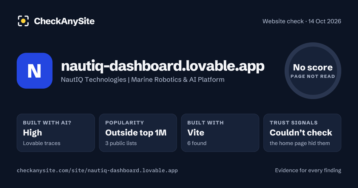 nautiq-dashboard.lovable.app on CheckAnySite: AI traces high, popularity Outside top 1M, no score.