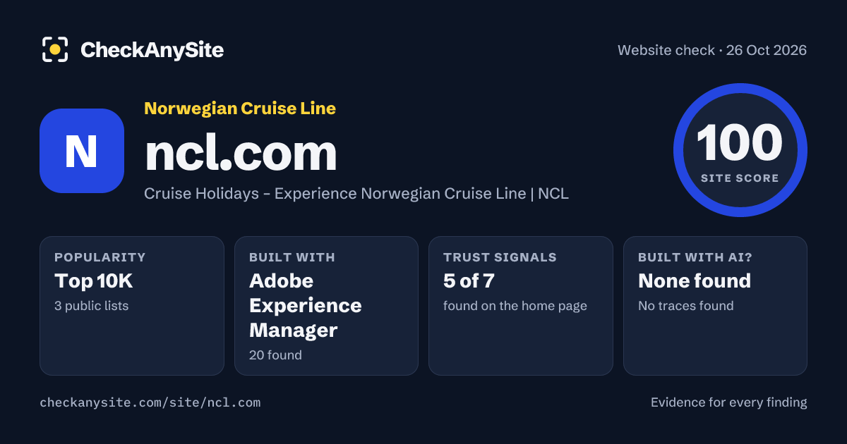 ncl.com on CheckAnySite: AI traces none found, popularity Top 10K, site score 100 of 100.