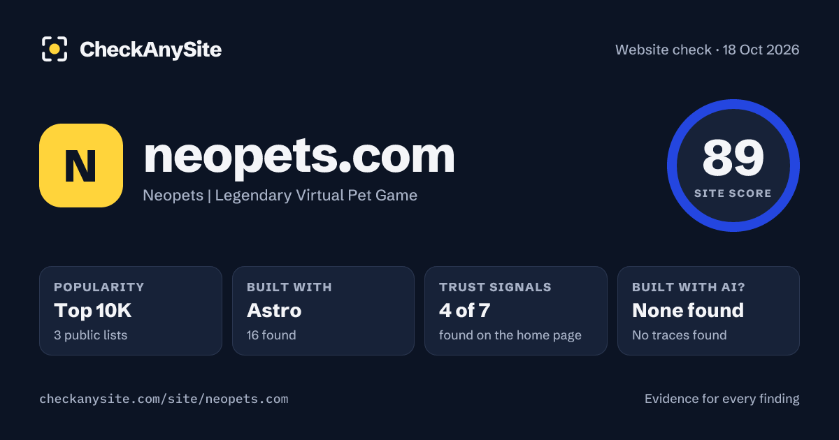 neopets.com on CheckAnySite: AI traces none found, popularity Top 10K, site score 89 of 100.