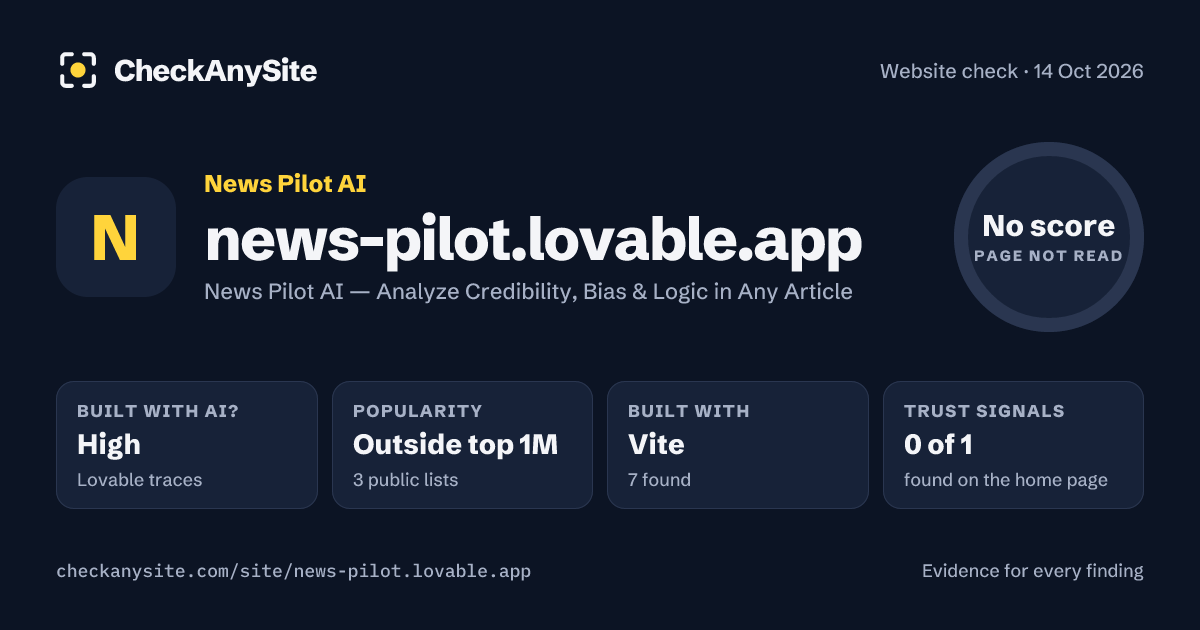 news-pilot.lovable.app on CheckAnySite: AI traces high, popularity Outside top 1M, no score.