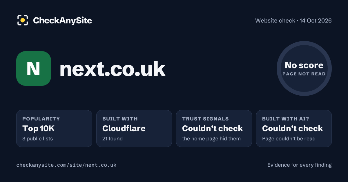 next.co.uk on CheckAnySite: AI traces couldn’t check, popularity Top 10K, no score.