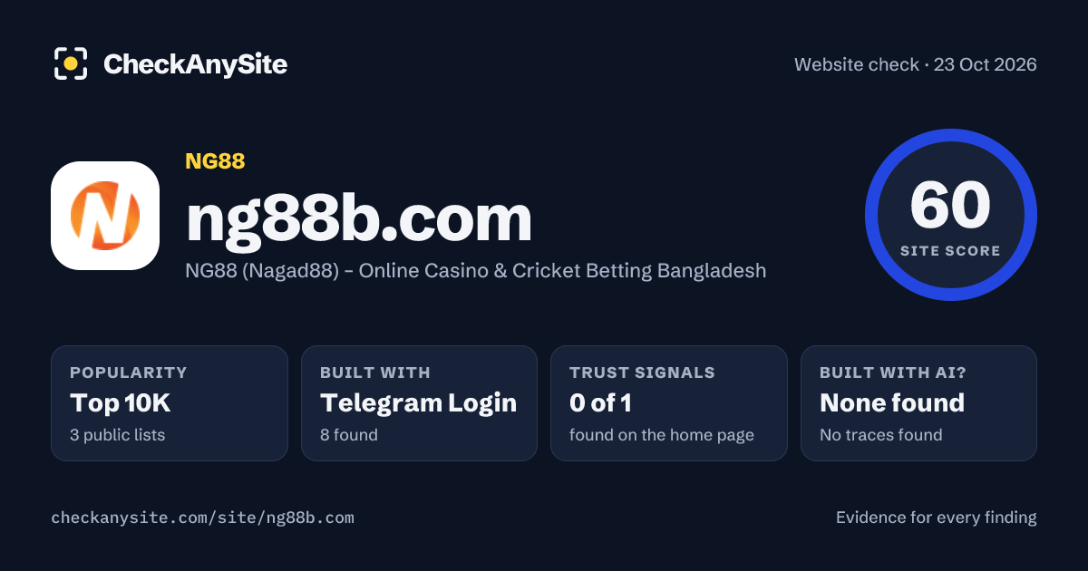 ng88b.com on CheckAnySite: AI traces none found, popularity Top 10K, site score 60 of 100.