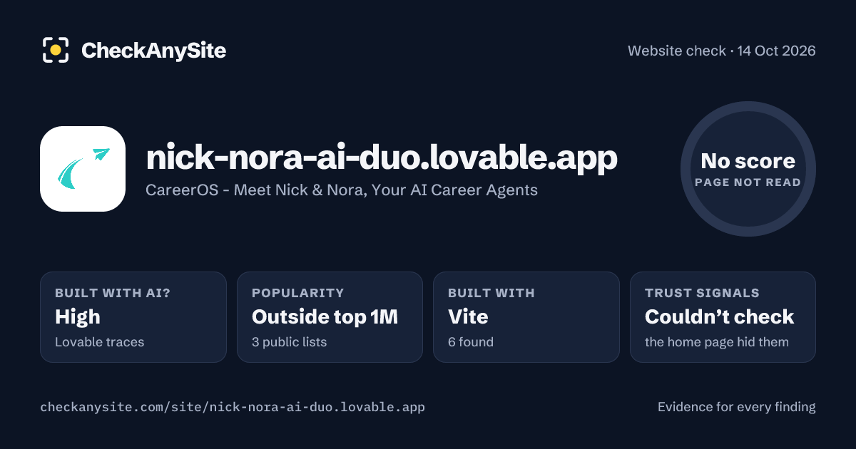 nick-nora-ai-duo.lovable.app on CheckAnySite: AI traces high, popularity Outside top 1M, no score.