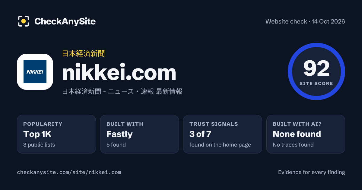 nikkei.com on CheckAnySite: AI traces none found, popularity Top 1K, site score 92 of 100.