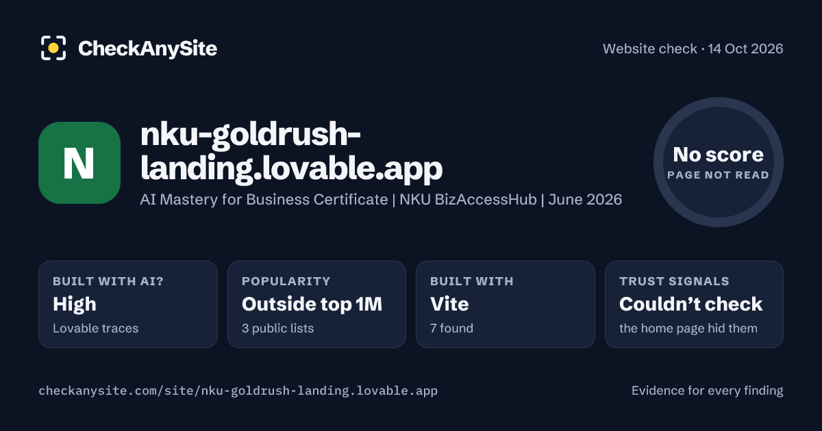 nku-goldrush-landing.lovable.app on CheckAnySite: AI traces high, popularity Outside top 1M, no score.