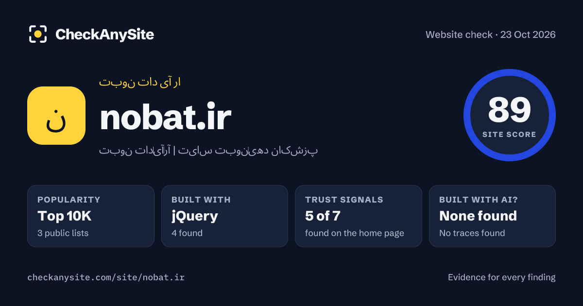 nobat.ir on CheckAnySite: AI traces none found, popularity Top 10K, site score 89 of 100.