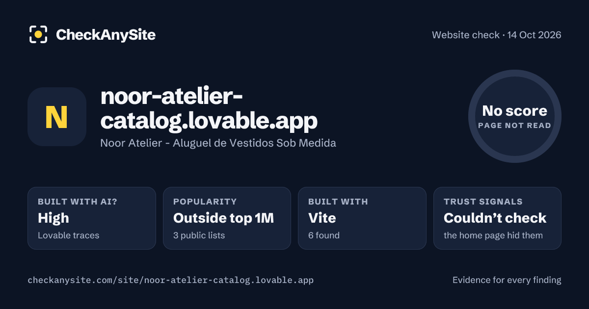 noor-atelier-catalog.lovable.app on CheckAnySite: AI traces high, popularity Outside top 1M, no score.