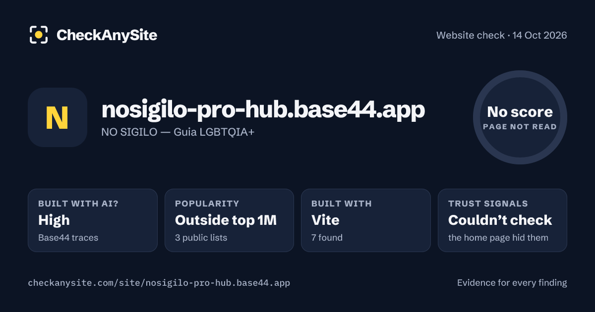 nosigilo-pro-hub.base44.app on CheckAnySite: AI traces high, popularity Outside top 1M, no score.