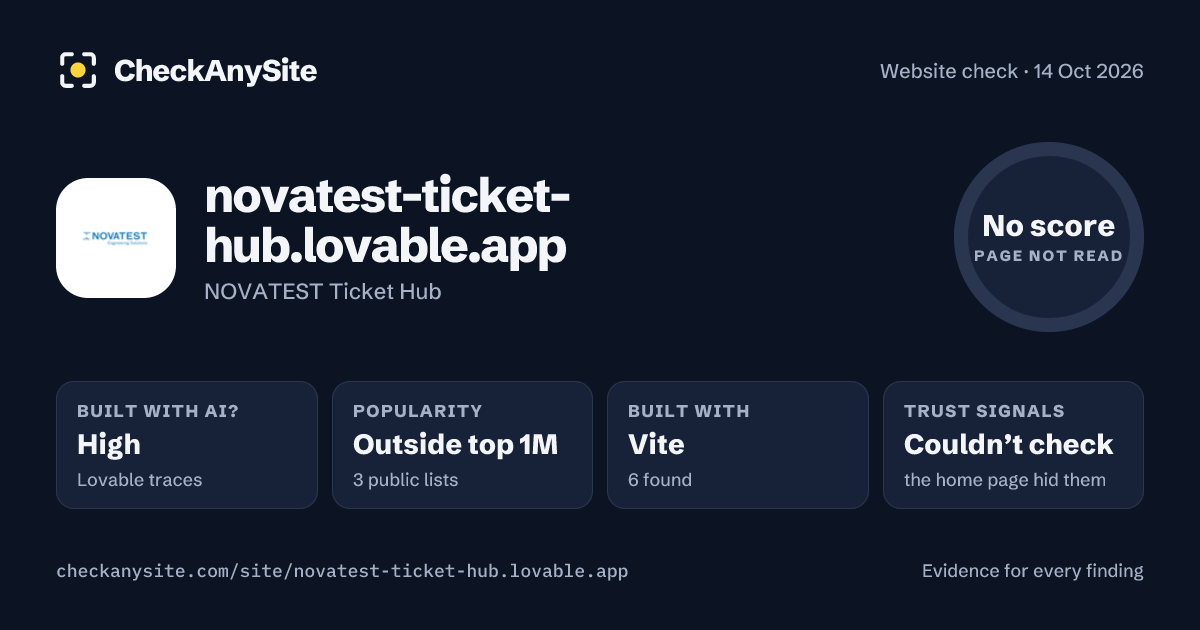 novatest-ticket-hub.lovable.app on CheckAnySite: AI traces high, popularity Outside top 1M, no score.