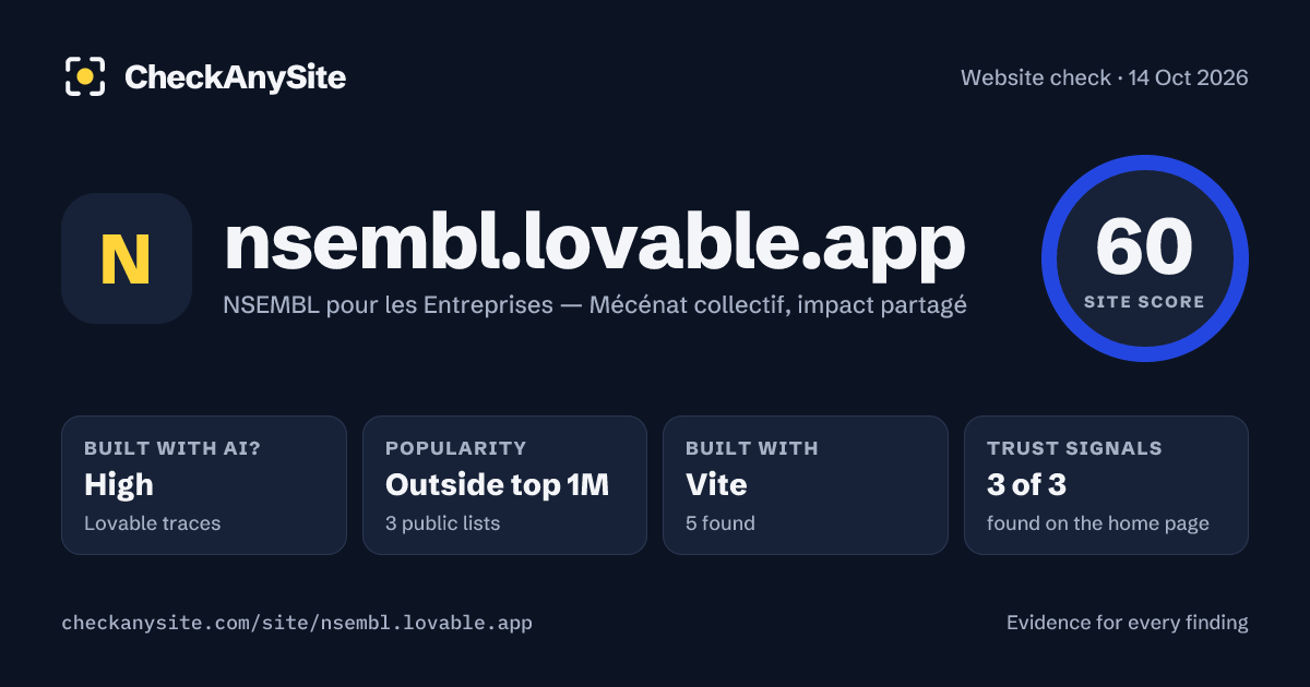 nsembl.lovable.app on CheckAnySite: AI traces high, popularity Outside top 1M, site score 60 of 100.