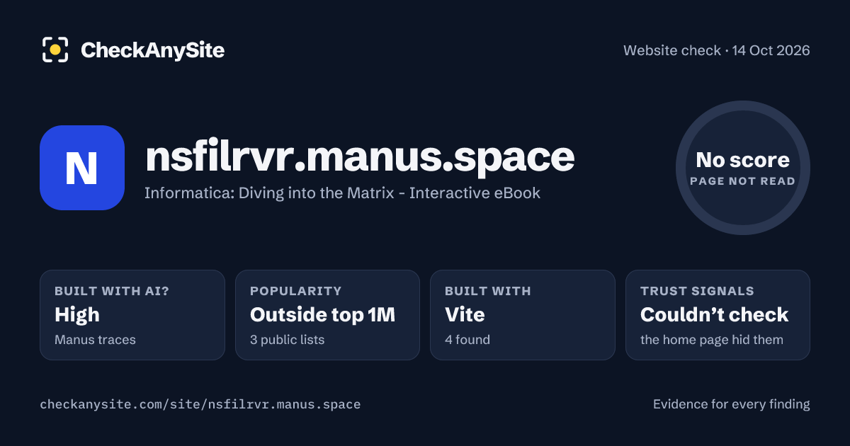 nsfilrvr.manus.space on CheckAnySite: AI traces high, popularity Outside top 1M, no score.