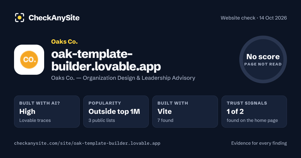 oak-template-builder.lovable.app on CheckAnySite: AI traces high, popularity Outside top 1M, no score.