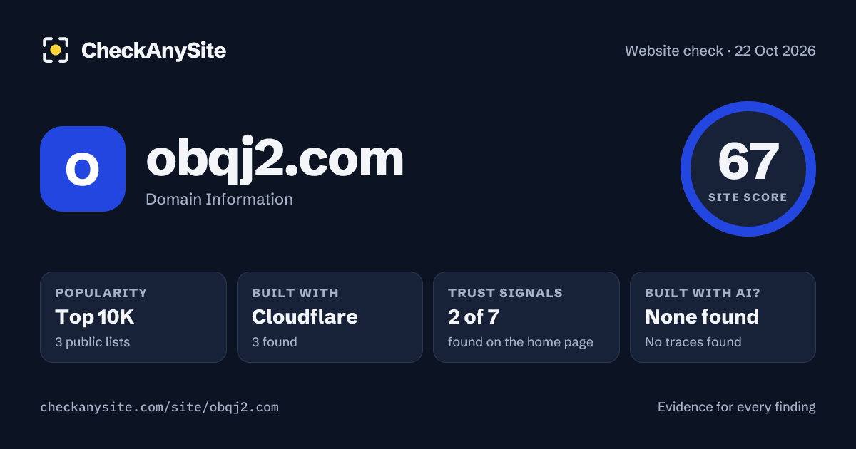 obqj2.com on CheckAnySite: AI traces none found, popularity Top 10K, site score 67 of 100.