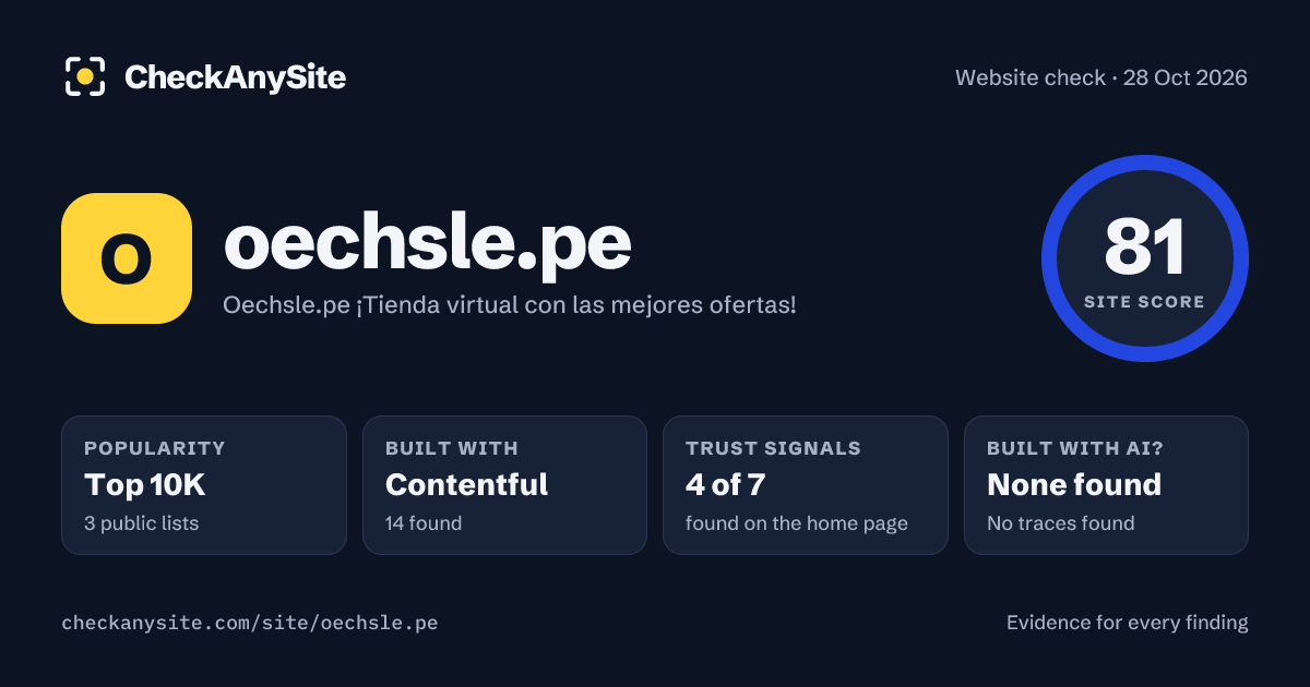 oechsle.pe on CheckAnySite: AI traces none found, popularity Top 10K, site score 81 of 100.