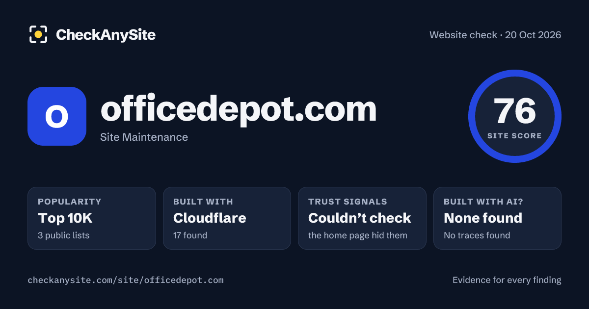 officedepot.com on CheckAnySite: AI traces none found, popularity Top 10K, site score 76 of 100.