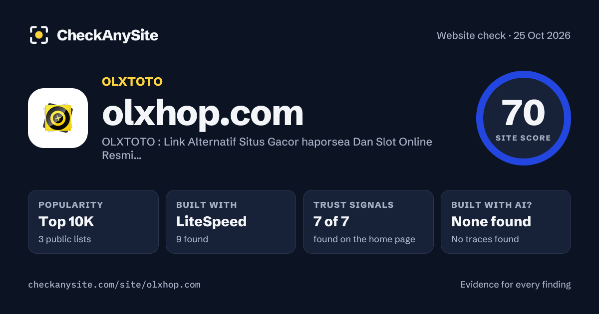 olxhop.com on CheckAnySite: AI traces none found, popularity Top 10K, site score 70 of 100.