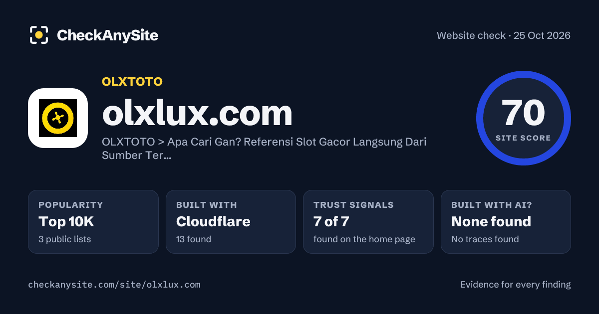 olxlux.com on CheckAnySite: AI traces none found, popularity Top 10K, site score 70 of 100.