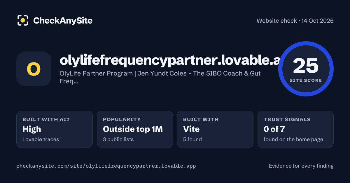 olylifefrequencypartner.lovable.app on CheckAnySite: AI traces high, popularity Outside top 1M, site score 25 of 100.