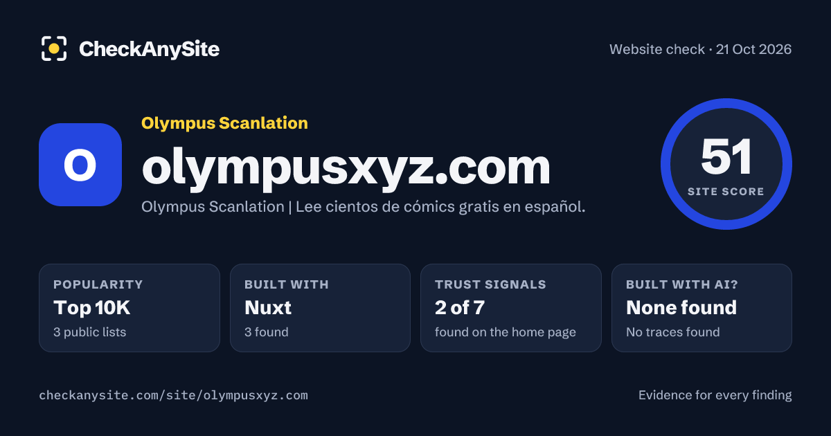 olympusxyz.com on CheckAnySite: AI traces none found, popularity Top 10K, site score 51 of 100.