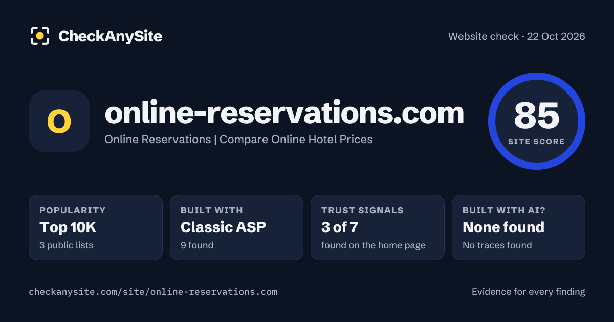 online-reservations.com on CheckAnySite: AI traces none found, popularity Top 10K, site score 85 of 100.