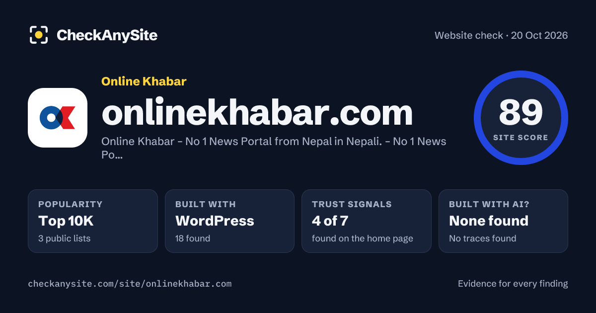 onlinekhabar.com on CheckAnySite: AI traces none found, popularity Top 10K, site score 89 of 100.