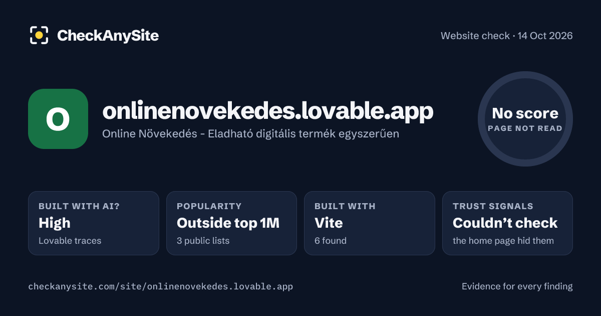 onlinenovekedes.lovable.app on CheckAnySite: AI traces high, popularity Outside top 1M, no score.