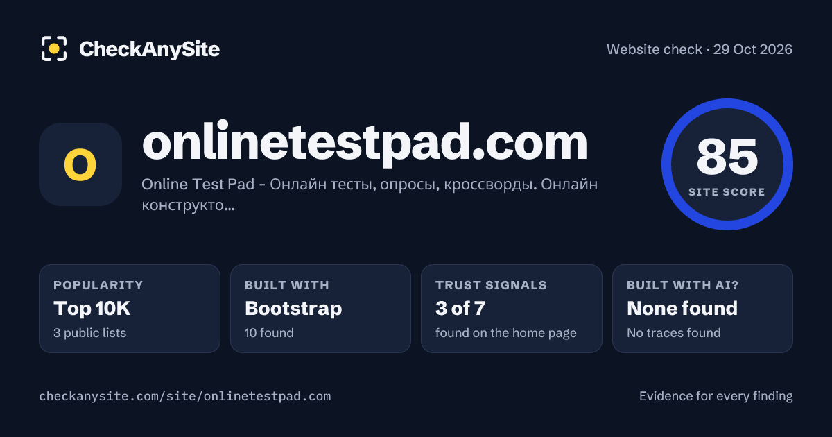 onlinetestpad.com on CheckAnySite: AI traces none found, popularity Top 10K, site score 85 of 100.