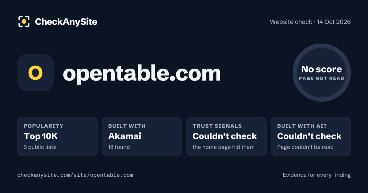opentable.com on CheckAnySite: AI traces couldn’t check, popularity Top 10K, no score.