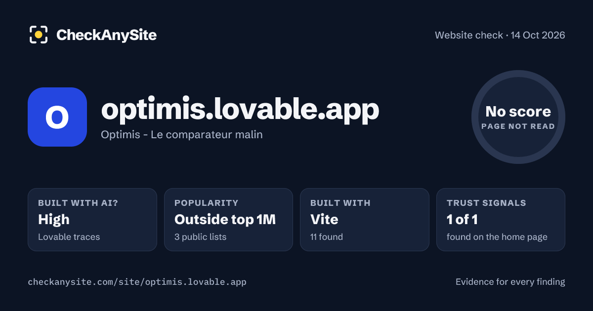 optimis.lovable.app on CheckAnySite: AI traces high, popularity Outside top 1M, no score.