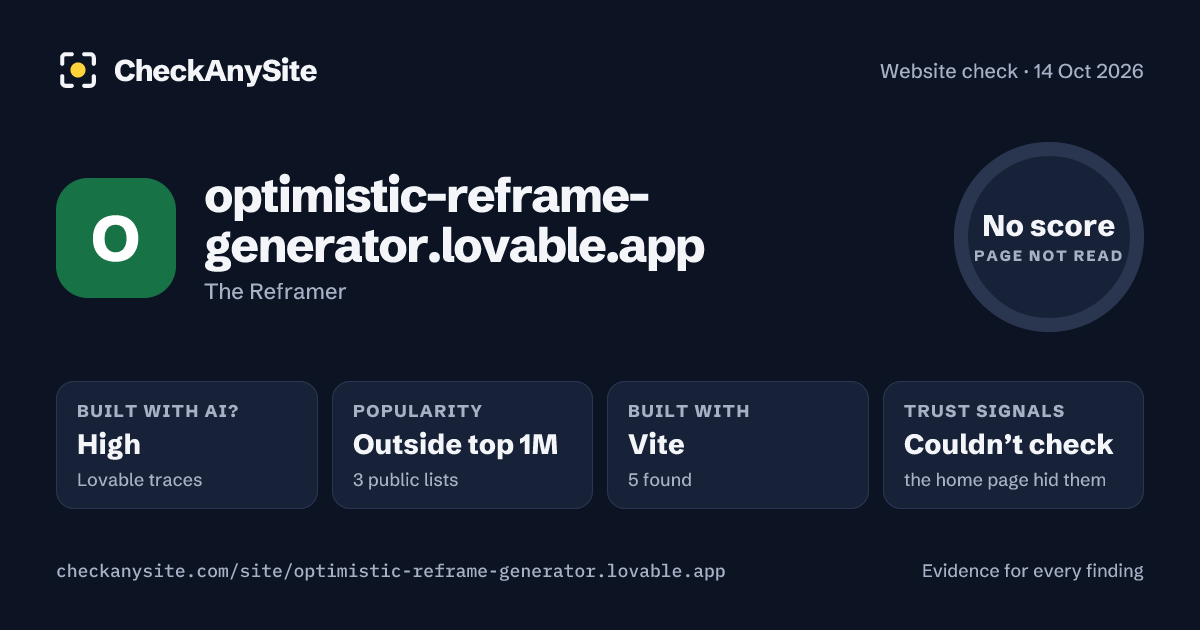 optimistic-reframe-generator.lovable.app on CheckAnySite: AI traces high, popularity Outside top 1M, no score.